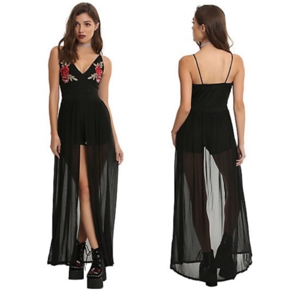 Embroidered Roses Chiffon Duster Romper
